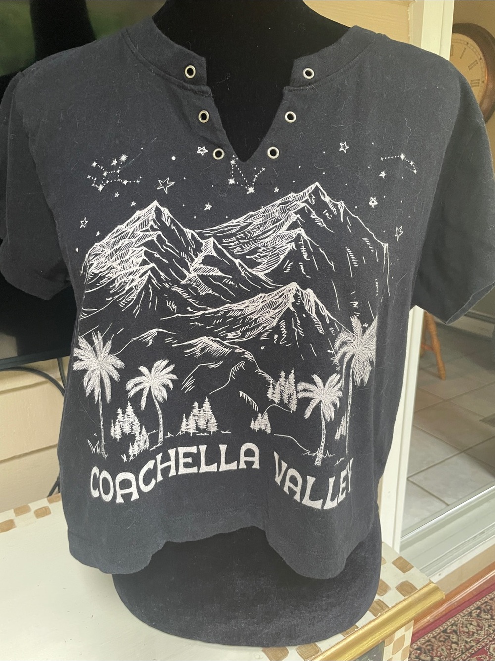 Love Peace & Lazy Days Coachella Valley Black Graphic Crop Top with Grommet Neck